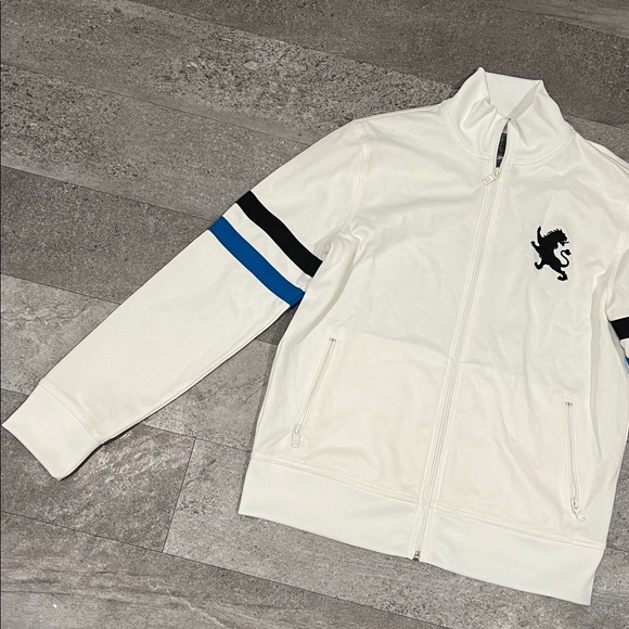 Men’s white zip up jacket with blue accents - Picture 2 of 6